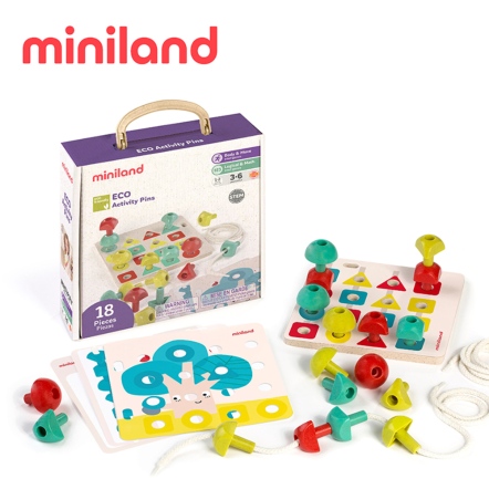 西班牙 Miniland ECO幾何3D形數色穿繩組18入